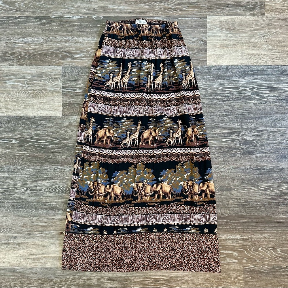 Vtg Notation Petite Safari Maxi Skirt Elephant Giraffe Print Beaded Trim Size PS